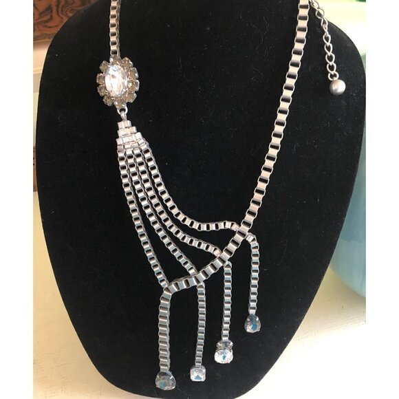 Fashion Jewelry Pewter Necklace Large Dripping Rhinestones 22" to 27" - Picture 12 of 12